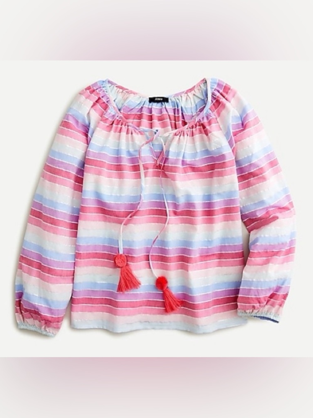 NWT J. Crew Peasant Top in metallic pastel stripe size Large boho tassels pink